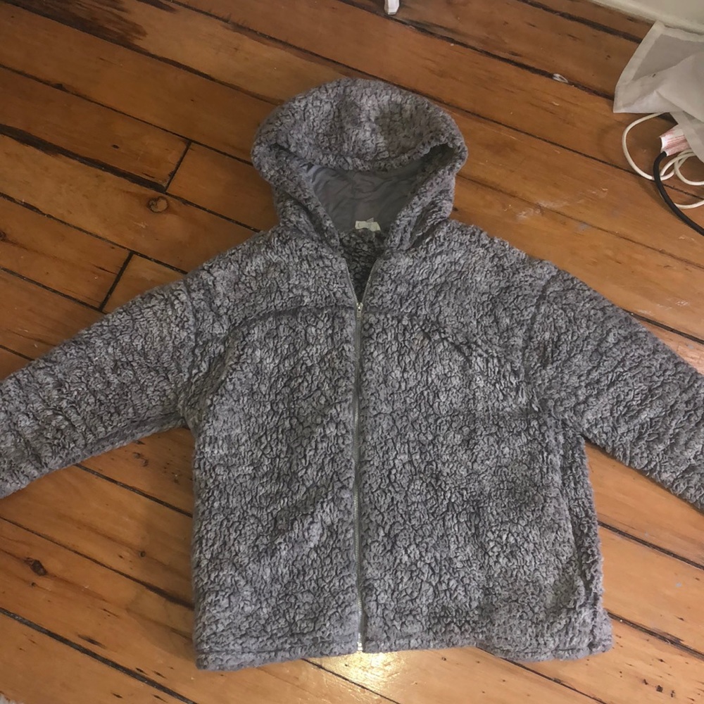 Peach Love Sherpa Hoodie Zip Up - Grey, Size Large